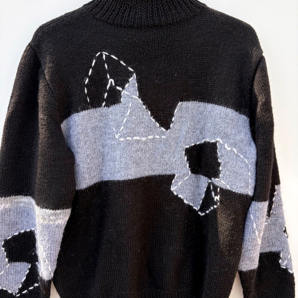 Sweater S Black Grey Polo Collar Abstract Patchwork Geometric Design Chunky Knit - Picture 5 of 6